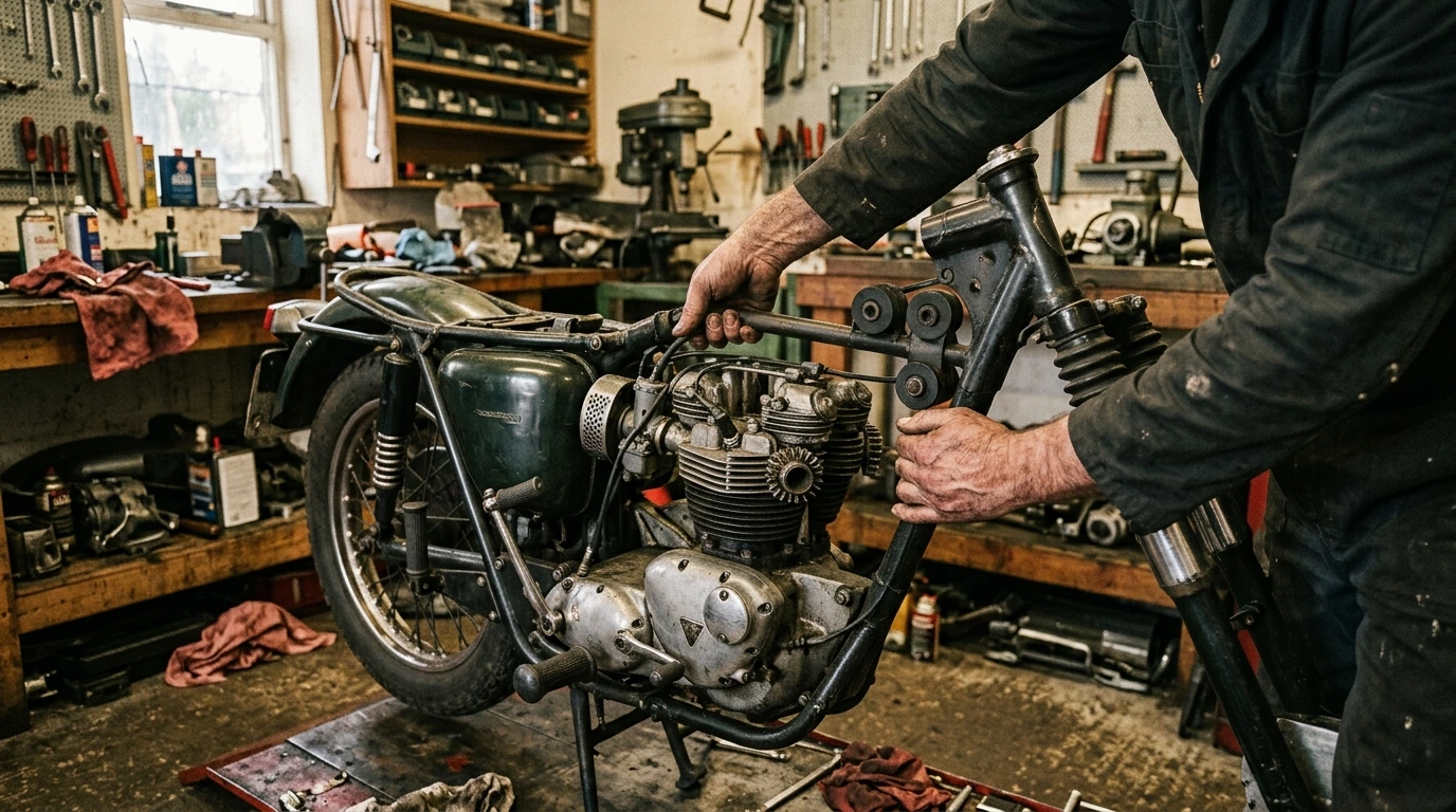Norton Commando sur béquille, réservoir déposé, silentblocs du montage isolastic visibles