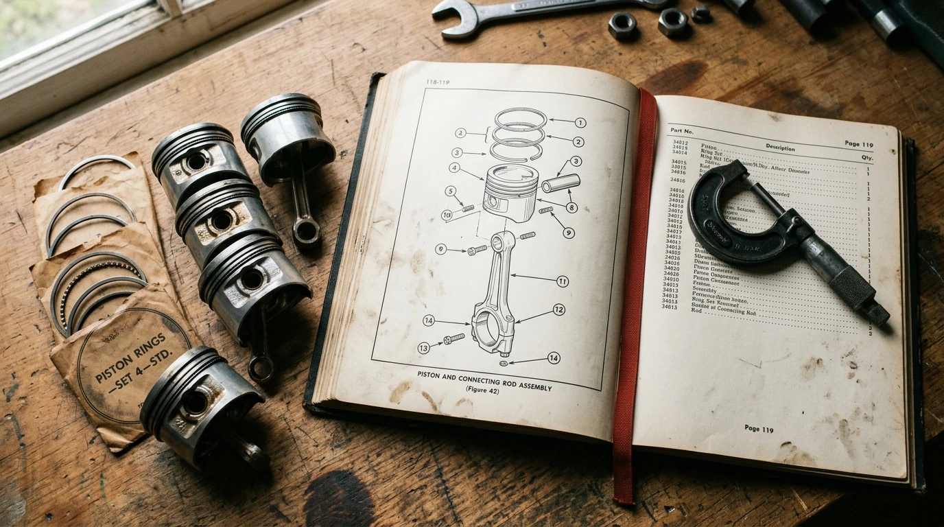 Parts book d’époque ouvert à côté des pièces correspondantes