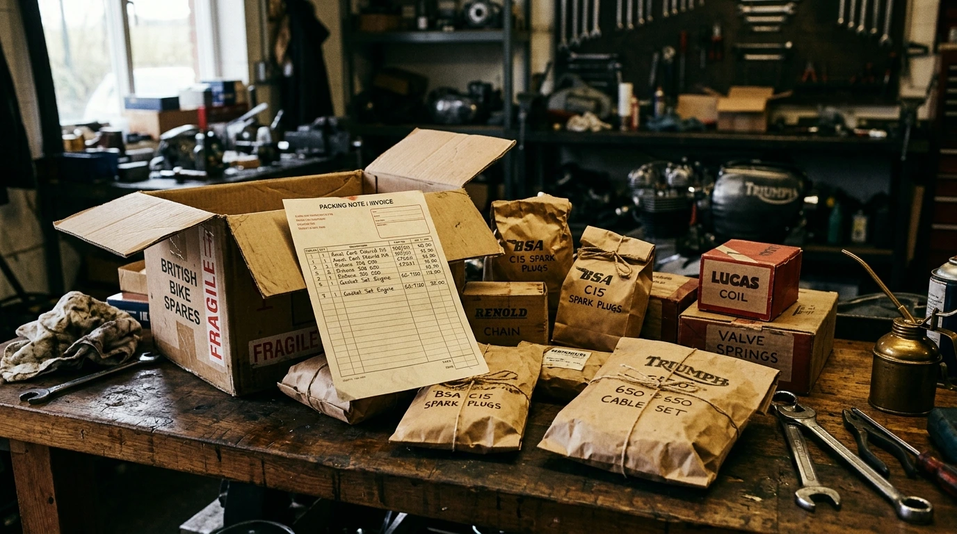 Pièces neuves pour moto anglaise classique dans leurs sachets d’origine, bon de commande à côté