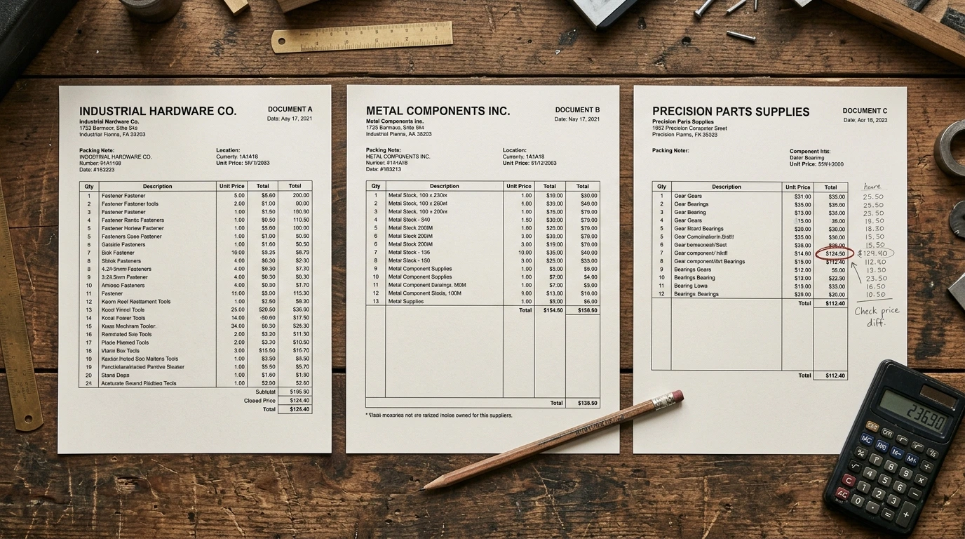 Trois bons de commande de fournisseurs différents comparés sur l’établi