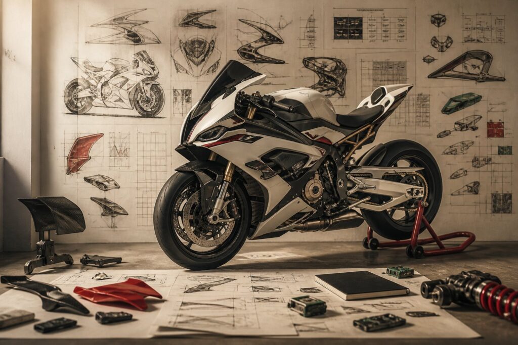 Moto sportive BMW S 1000 RR générique garée dans un atelier, profil trois quarts, lumière chaude