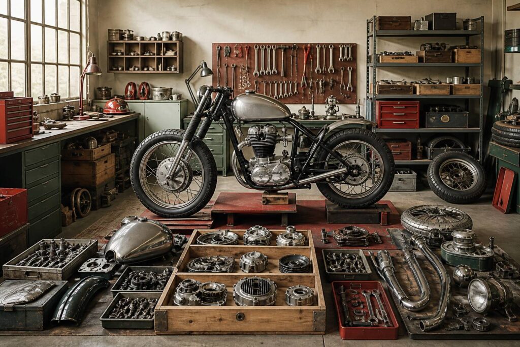 Moto vintage en restauration dans un atelier avec des pièces détachées posées autour