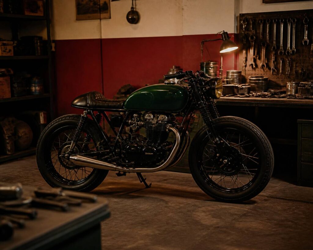 Moto café racer au réservoir peint garée dans un atelier sans logo ni marquage