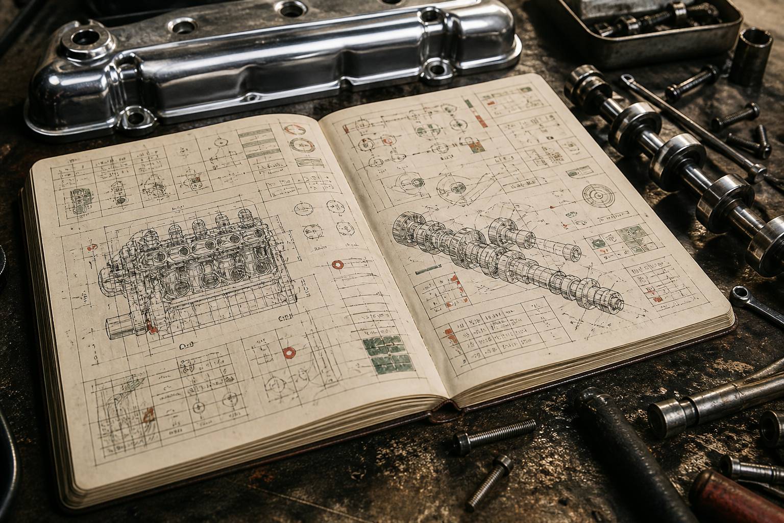 Carnet d'atelier ouvert avec tableaux techniques et pièces de moto