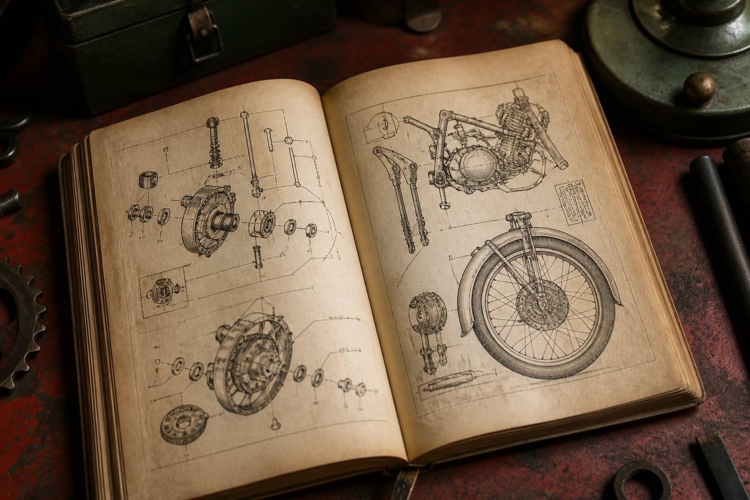 Pages jaunies de manuel technique avec schémas de pièces de moto sans texte