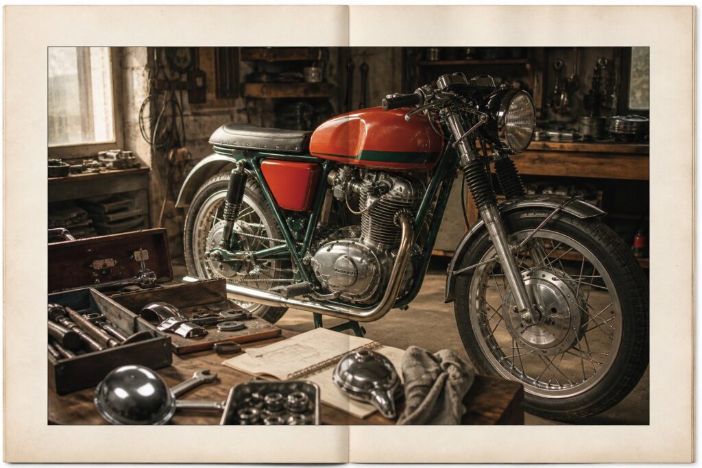 Moto classique des années 1970 sans marque dans un atelier de restauration, moteur bicylindre exposé