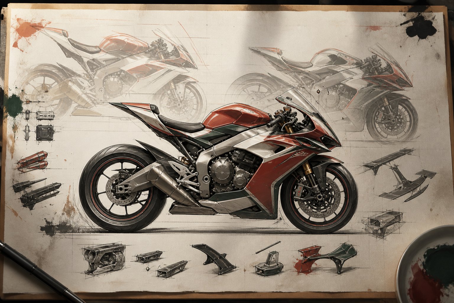 Plan rapproché du moteur et des commandes d'une moto sportive générique sur stand d'atelier