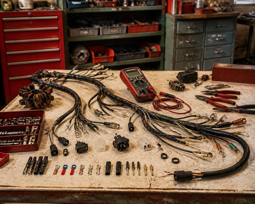 Faisceau électrique de moto ancienne déposé sur un établi d'atelier avec un multimètre