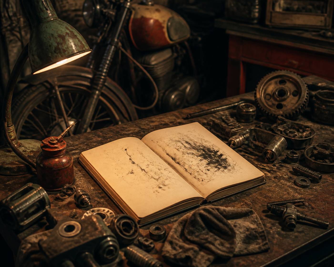 Établi d'atelier avec outils et carnet ouvert devant une moto ancienne