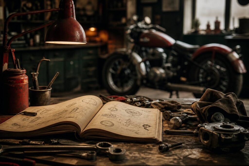 Manuel technique ancien ouvert sur un établi d'atelier devant une moto ancienne