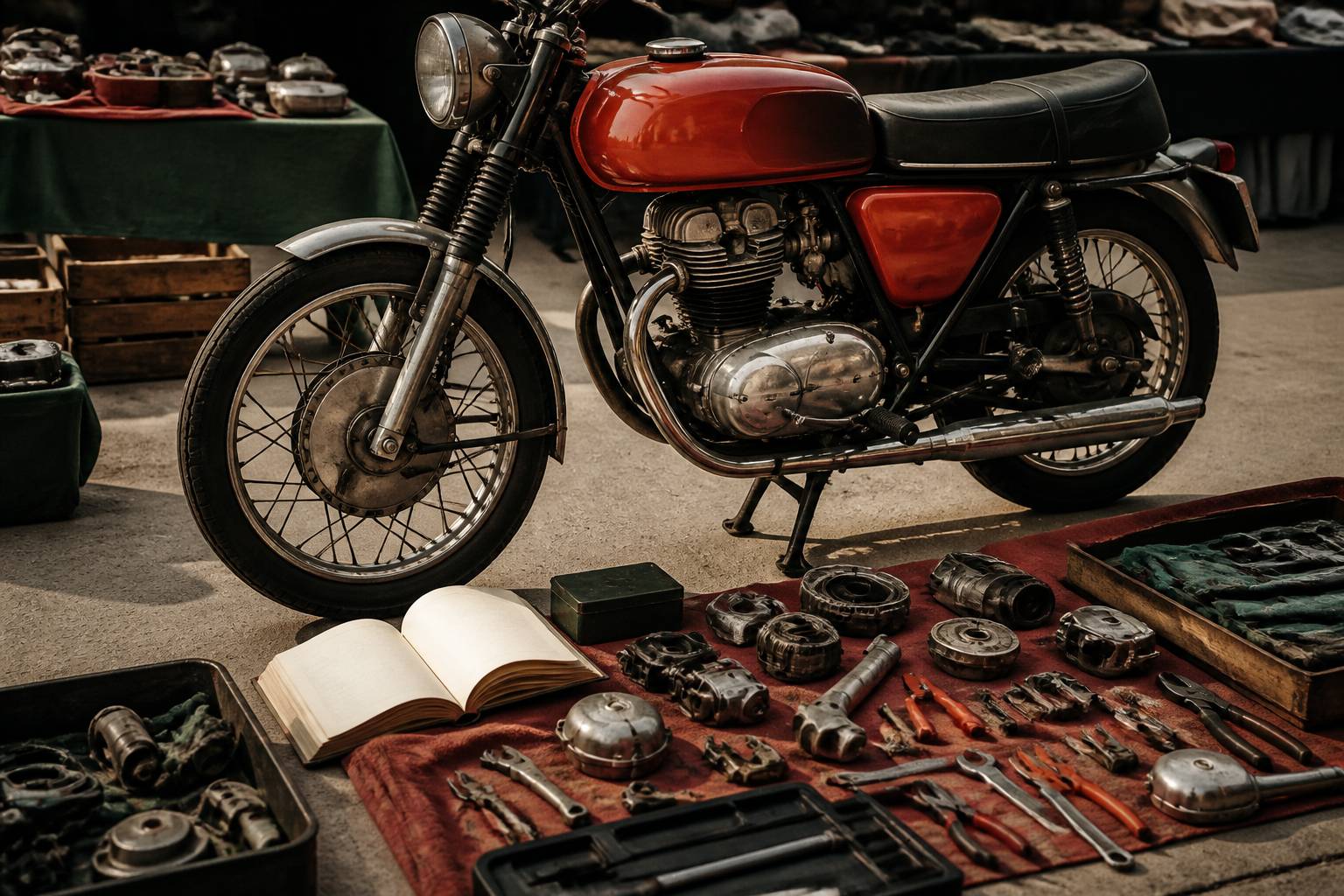 Moto ancienne sur béquille avec des pièces posées à côté sur un tissu et un carnet de notes