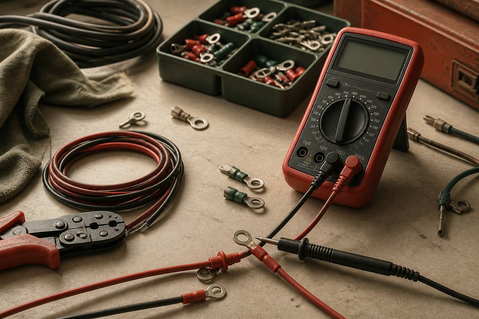 Mesure de continuité d'un fil de faisceau 6V avec un multimètre sur un établi d'atelier