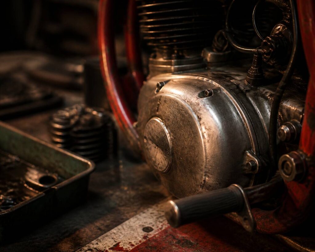 Moteur de moto ancienne au carter métallique usé dans un atelier de mécanique