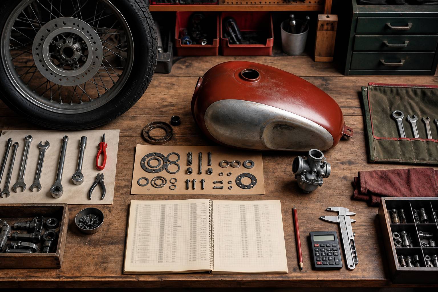 Pièces détachées de moto — réservoir, roue, carburateur — avec un carnet de budget ouvert