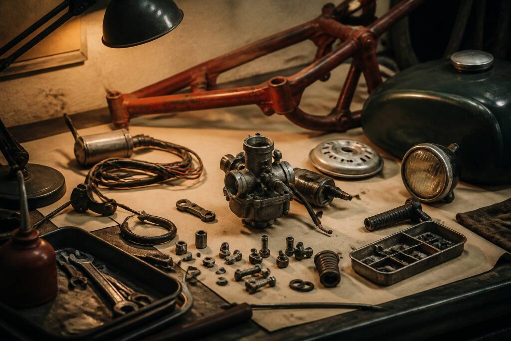 Pièces de moto ancienne disposées sur un établi d'atelier avec un carnet de relevé