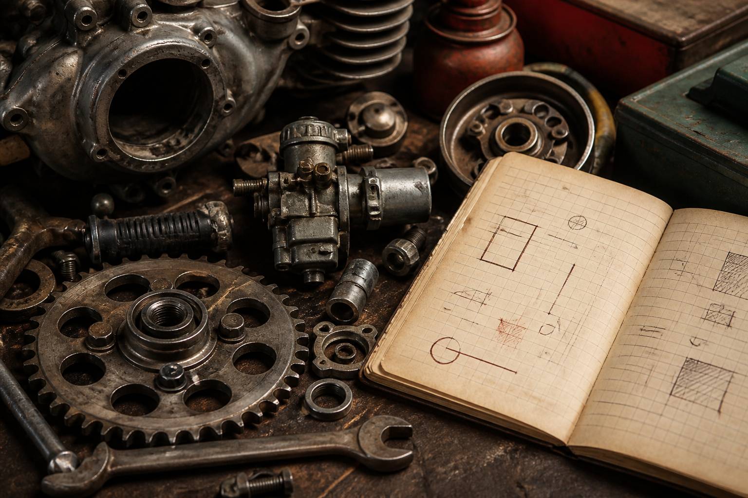 Pièces métalliques de moto ancienne en gros plan sur un plan de travail d'atelier