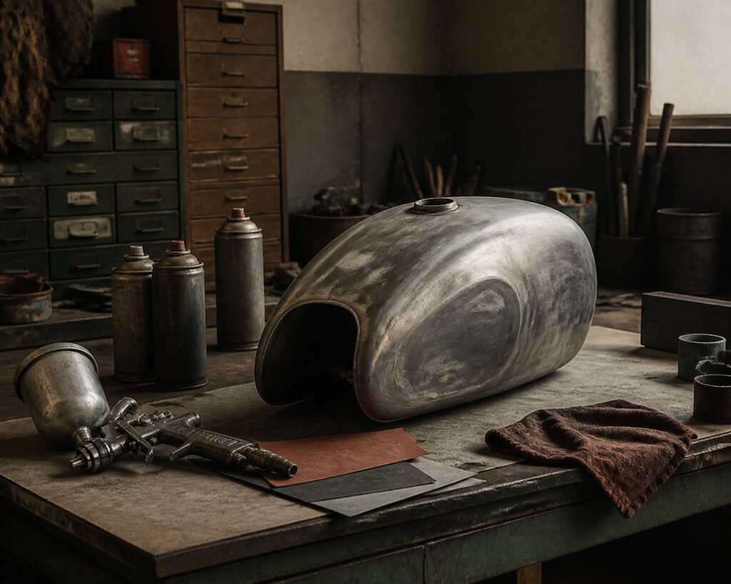 Réservoir de moto poncé sur un établi avec apprêt, bombes de peinture génériques et papier de verre