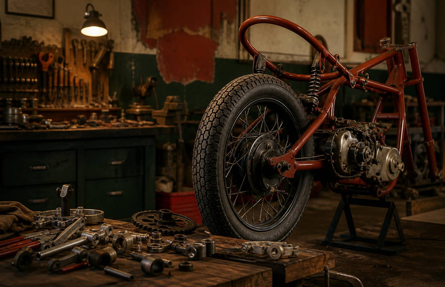 Cadre et boucle arrière d'une moto ancienne en atelier, pièces métalliques
