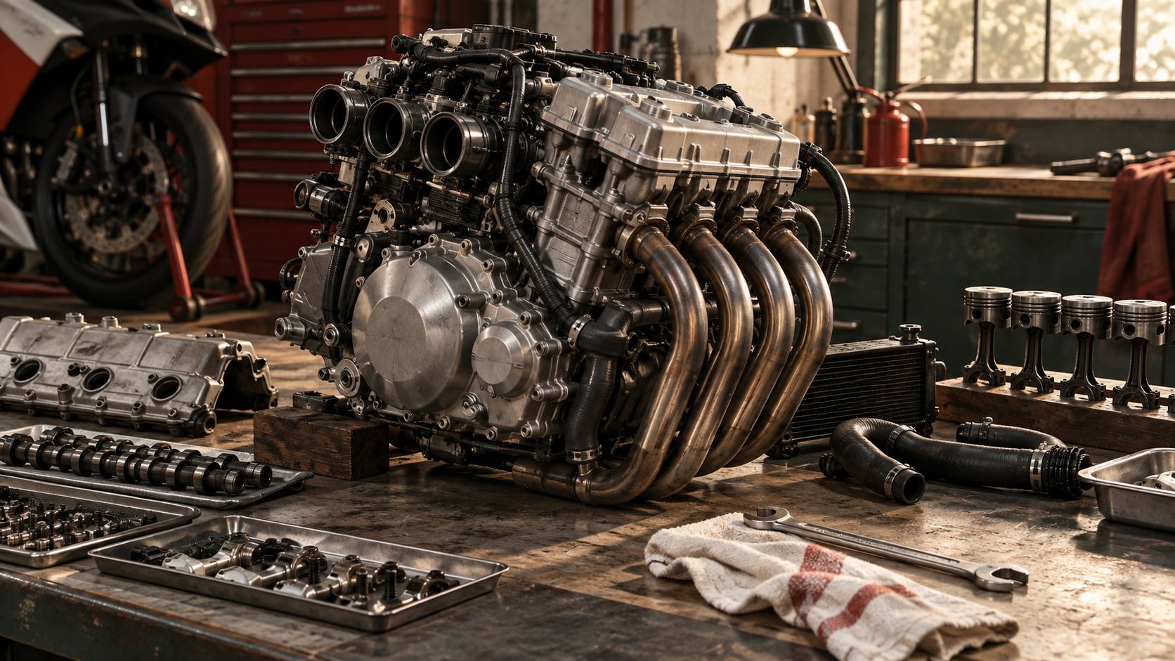 Détail d'un moteur quatre cylindres de moto sportive en atelier
