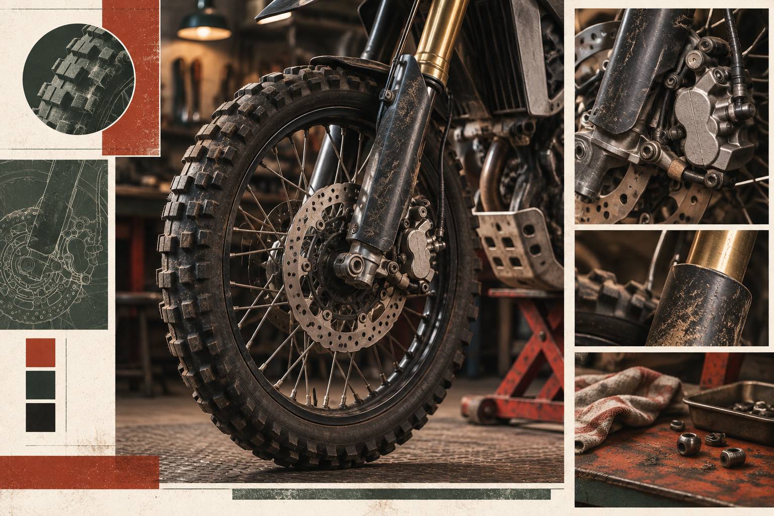 Détail d'une roue avant à rayons et d'un étrier de frein de moto trail