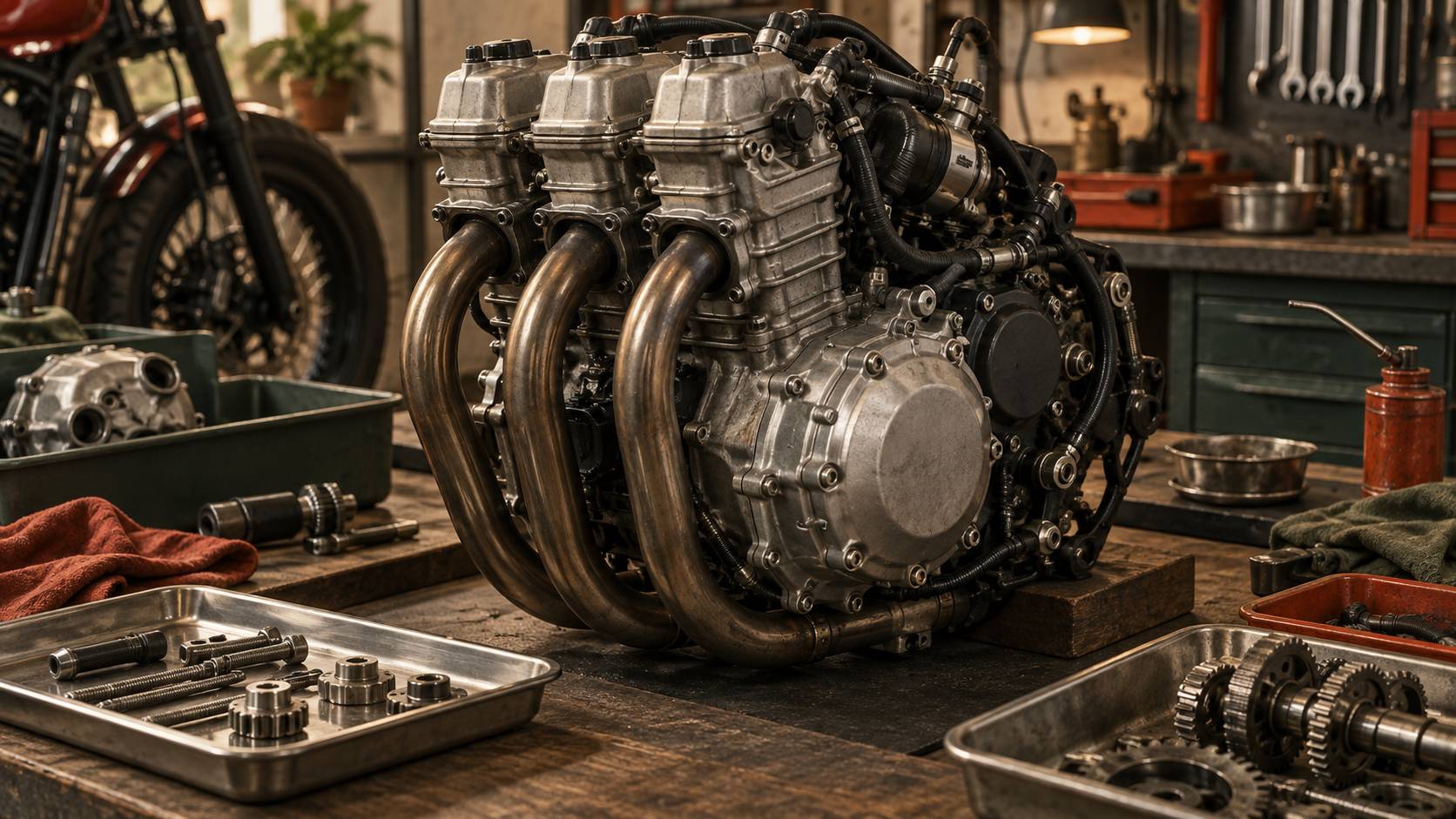 Gros plan sur un moteur de moto trois-cylindres en ligne dans un atelier