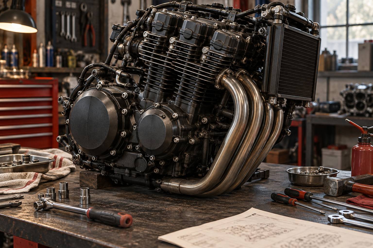 Moteur quatre cylindres de moto sur un établi d'atelier entouré d'outils et d'une fiche technique