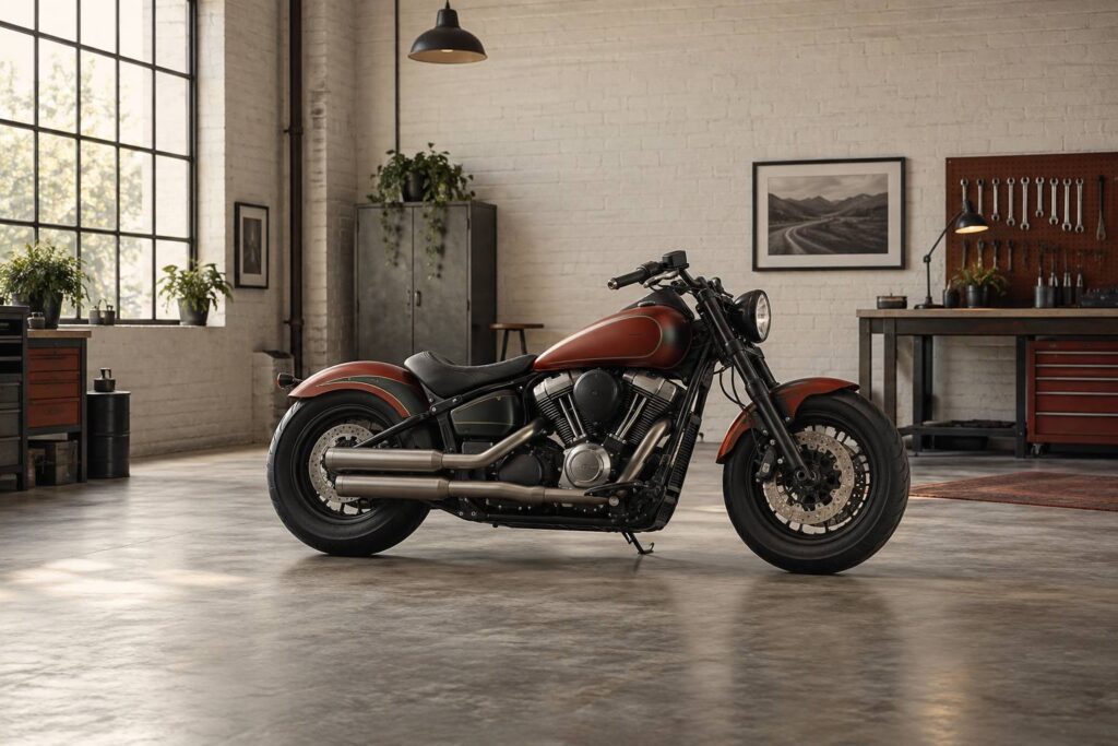 Moto cruiser generique dans un atelier lumineux, silhouette basse et pneus epais