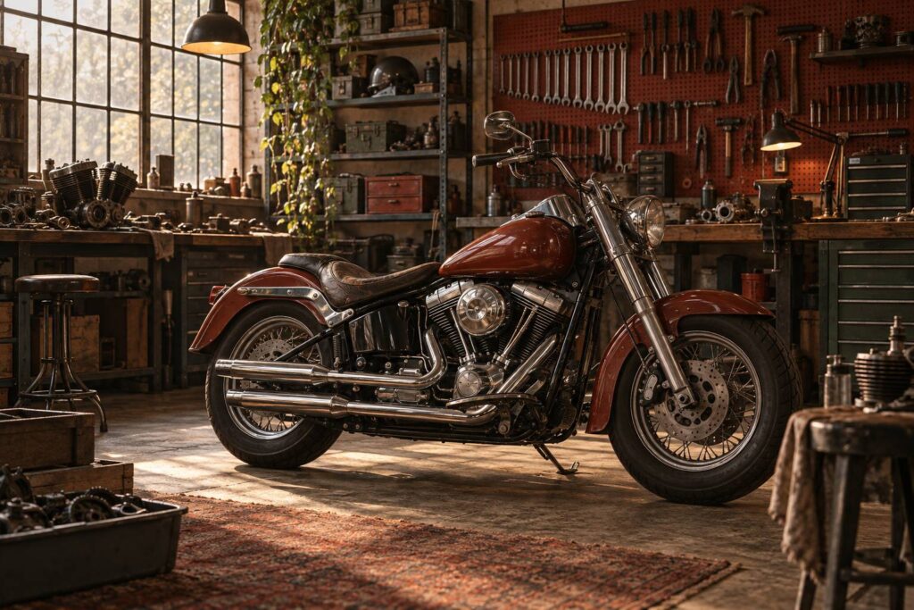 Moto cruiser générique à moteur V-twin posée dans un atelier mécanique