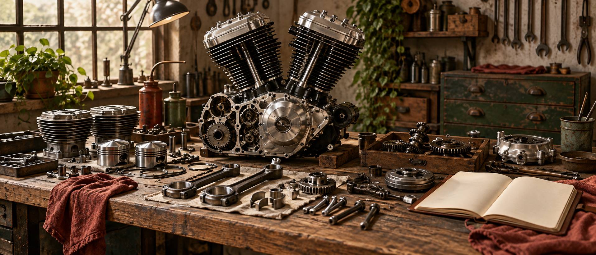 Moto cruiser générique à moteur V-twin posée dans un atelier mécanique