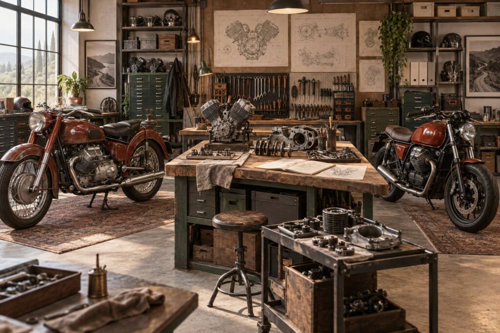 Illustration éditoriale du sujet : Moto Guzzi V7 : histoire, moteur et générations du modèle