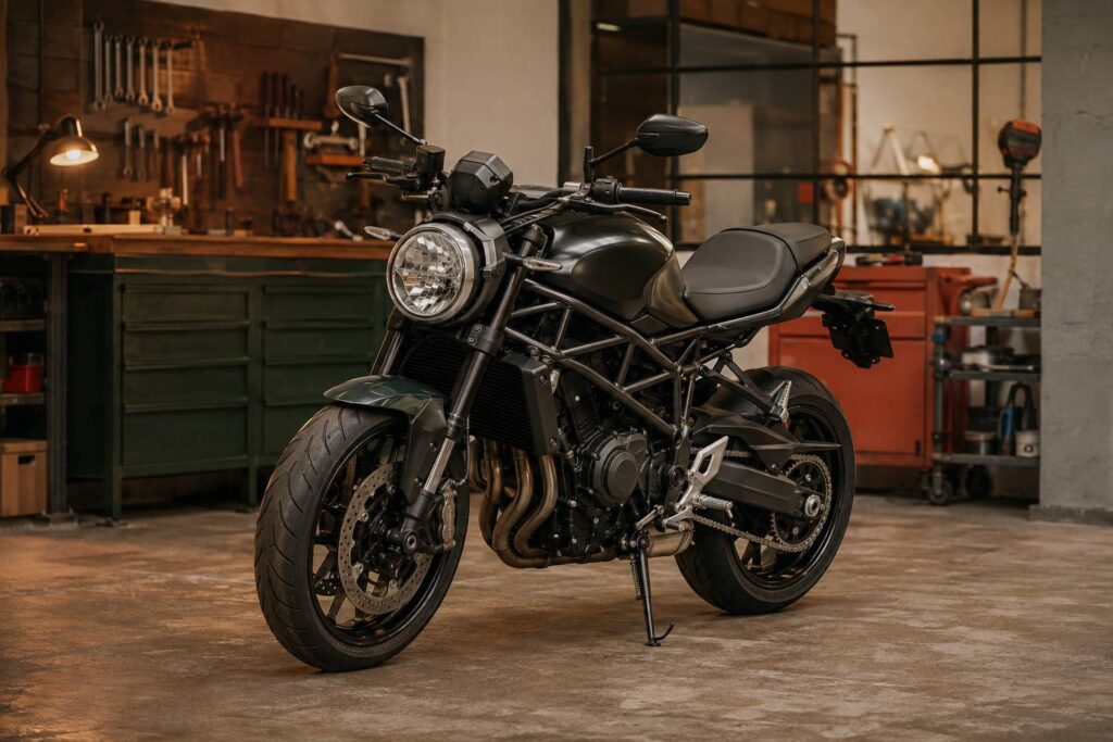 Moto roadster générique sans logo ni marquage exposée dans un atelier mécanique chaleureux