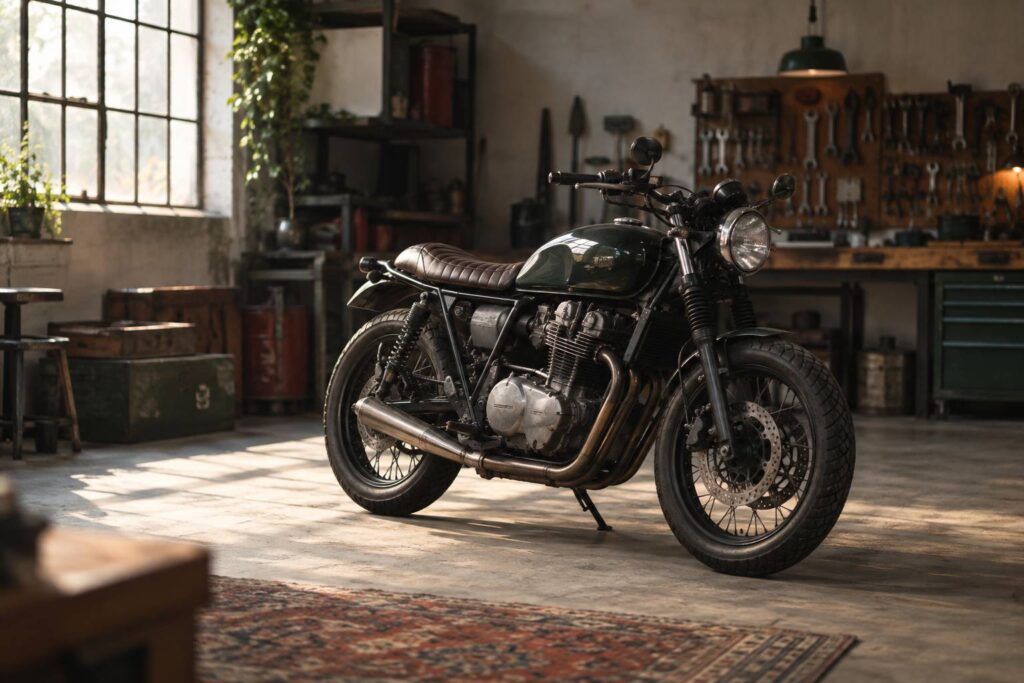 Moto routiere sobre a reservoir bombe sans sigle dans un atelier
