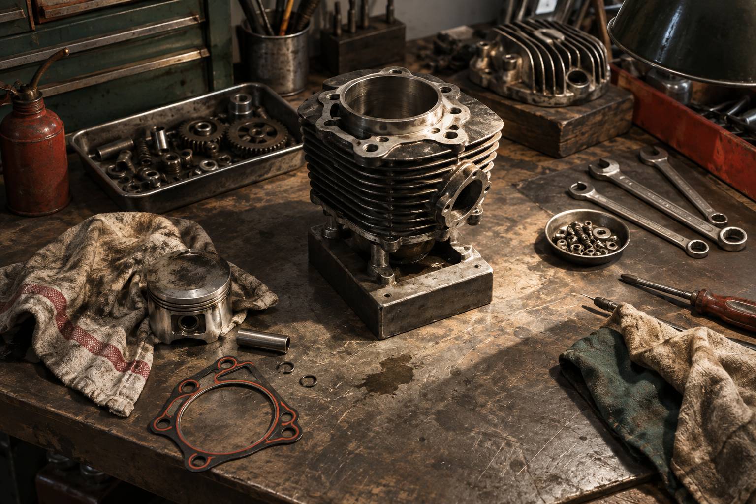 Cylindre de moteur monocylindre et outils sur un etabli d'atelier