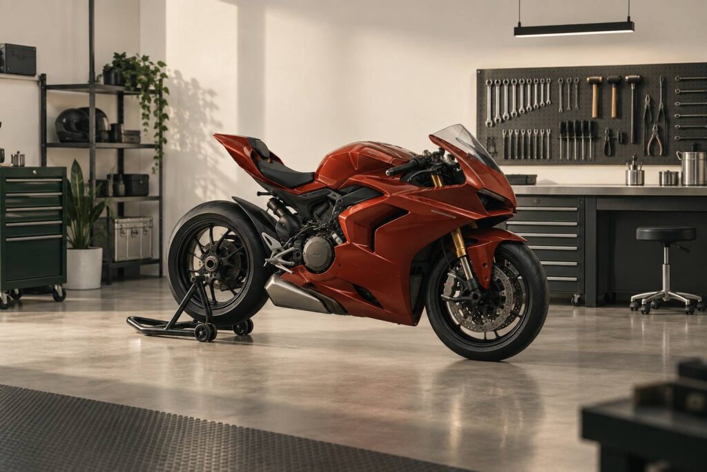 Moto sportive générique en atelier avec établi et outils rangés