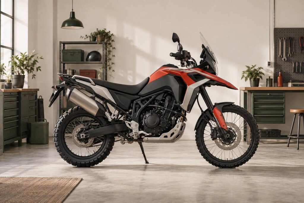 Moto trail generique de profil dans un atelier sobre