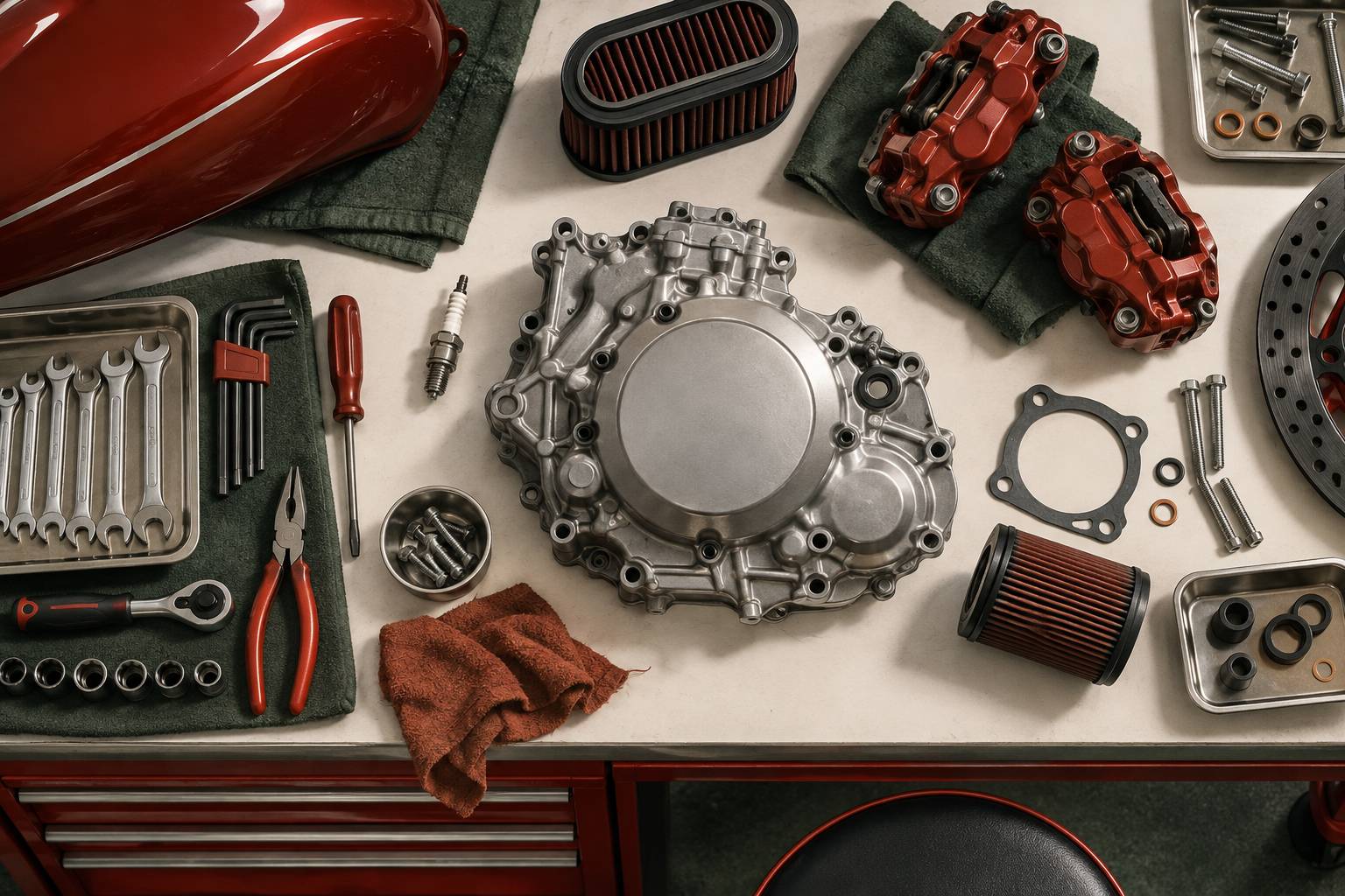 Pieces detachees de moto et outillage ranges sur un etabli d'atelier