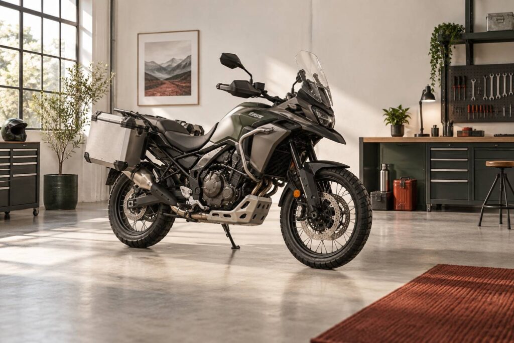 Moto trail generique sans marquage garee dans un atelier propre et lumineux