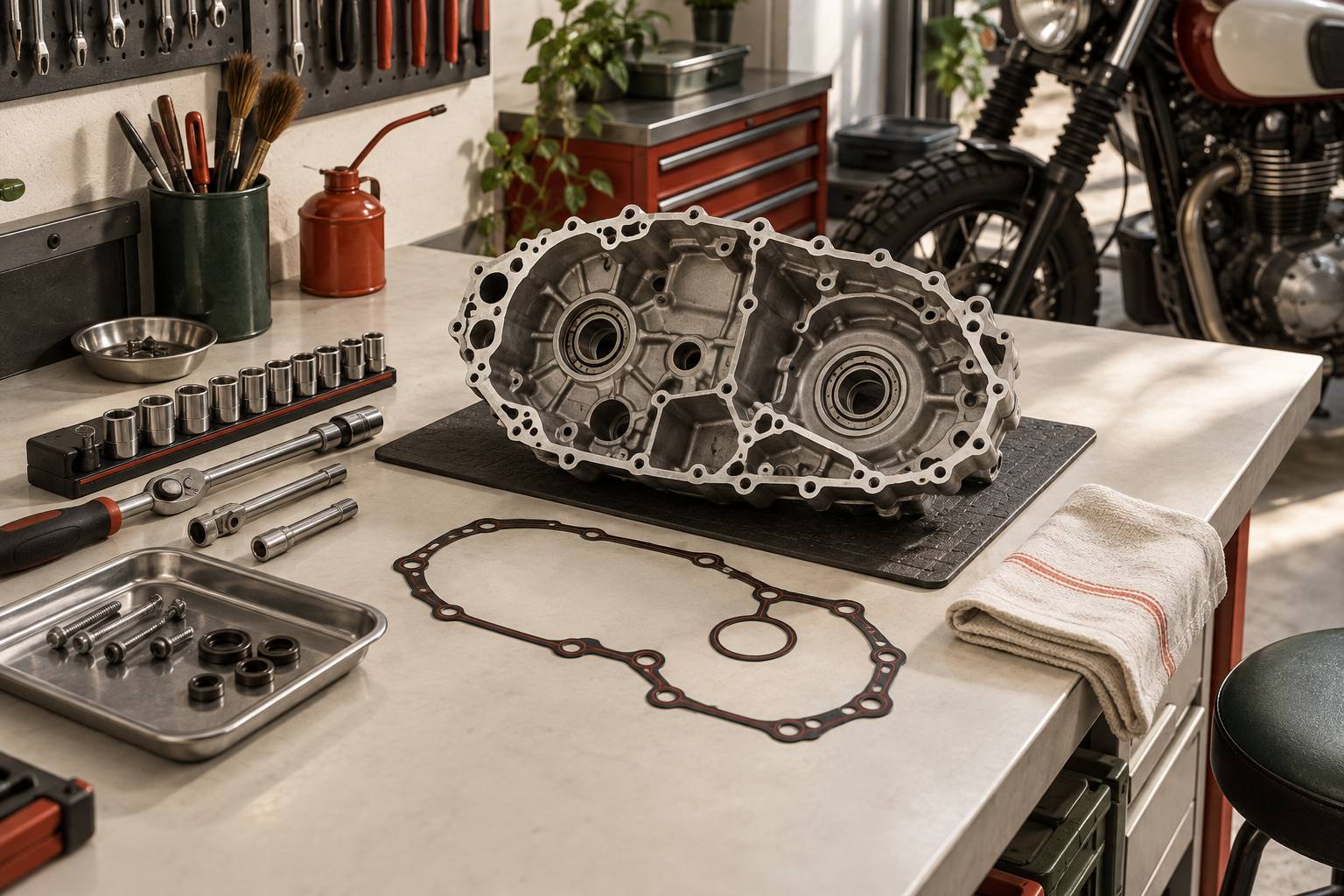 Carter de moteur depose sur un etabli avec outils et joint neuf