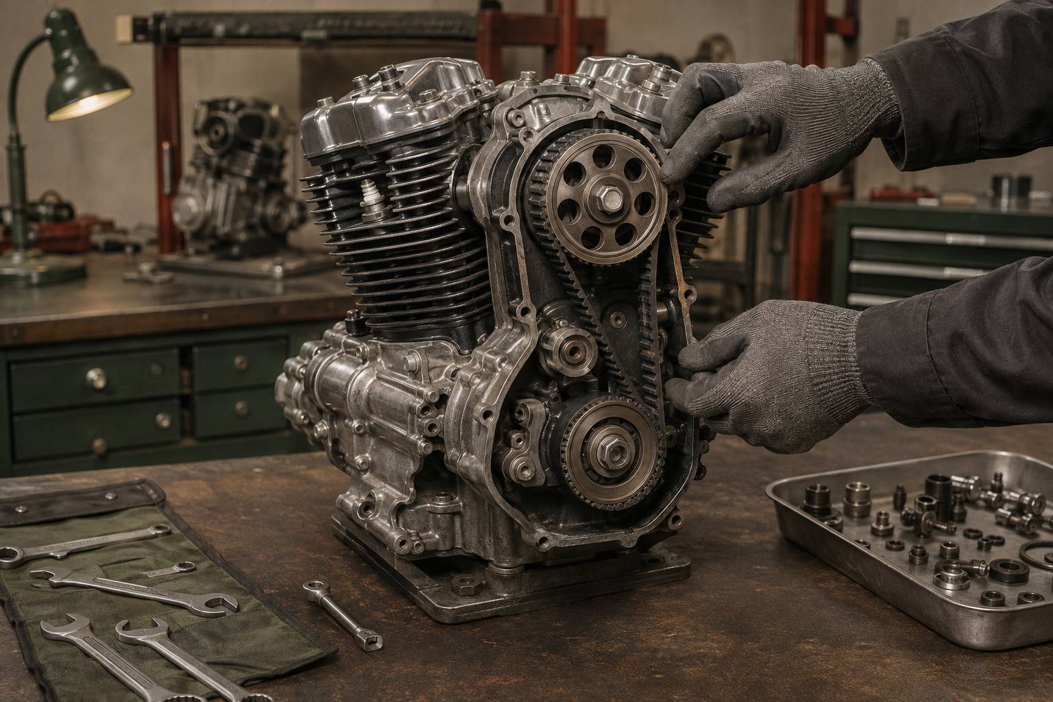 Mains gantées réglant la distribution d'un moteur de moto