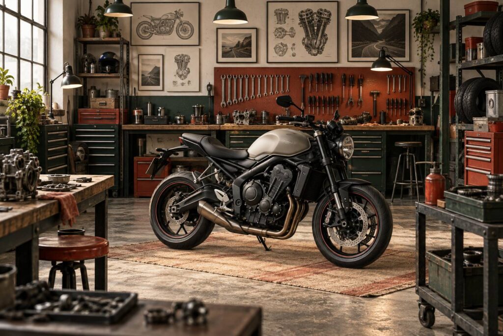 Roadster générique dans un atelier de moto avec outils en arrière-plan