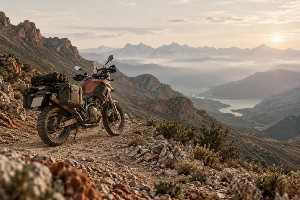 Moto trail d'aventure generique sur une piste de montagne caillouteuse